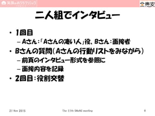 二人組でインタビュー
• 1回目
– Aさん：「Aさんの凄い人」役、Bさん：面接者
• Bさんの質問（Aさんの行動リストをみながら）
– 前頁のインタビュー形式を参照に
– 面接内容を記録
• 2回目：役割交替
21 Nov 2015 The 11th SMeNG meeting 9
 
