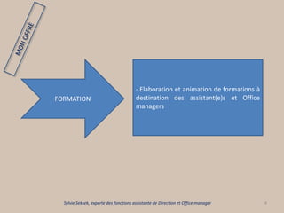 4
FORMATION
- Elaboration et animation de formations à
destination des assistant(e)s et Office
managers
Sylvie Seksek, experte des fonctions assistante de Direction et Office manager
 
