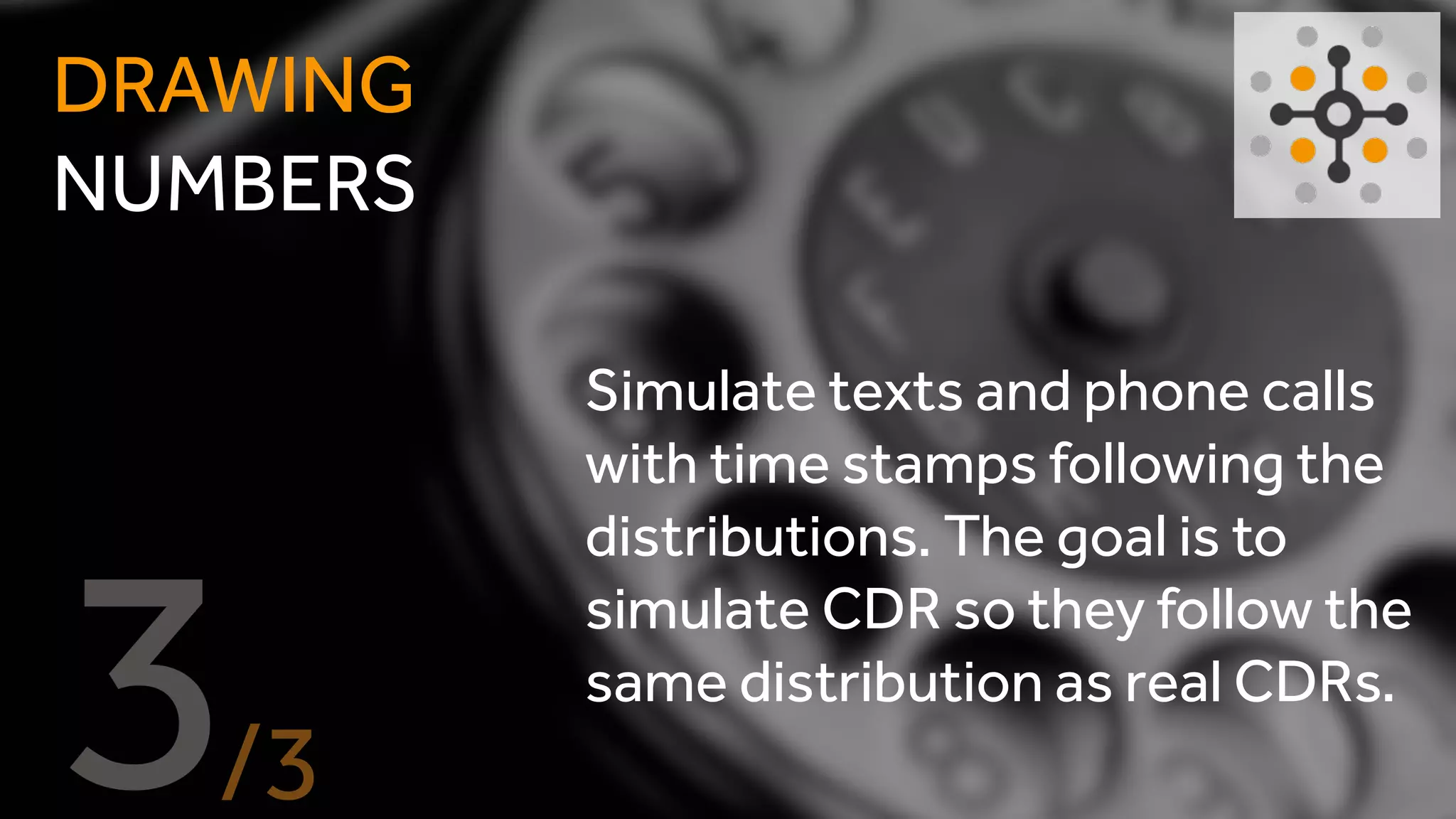Simulate texts and phone calls
with time stamps following the
distributions. The goal is to
simulate CDRs so they follow
the same distribution as real
CDRs.
DRAWING
NUMBERS
 