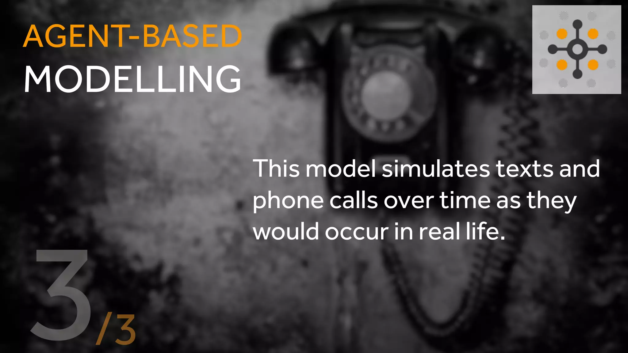 This model simulates texts and
phone calls over time as they
would occur in real life.
AGENT-BASED
MODELLING
 