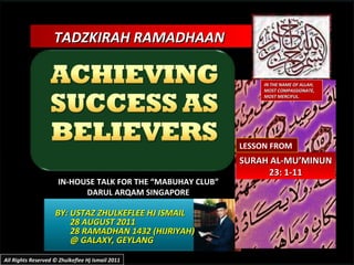 BY: USTAZ ZHULKEFLEE HJ ISMAIL 28 AUGUST 2011 28 RAMADHAN 1432 (HIJRIYAH) @ GALAXY, GEYLANG  TADZKIRAH RAMADHAAN  IN-HOUSE...