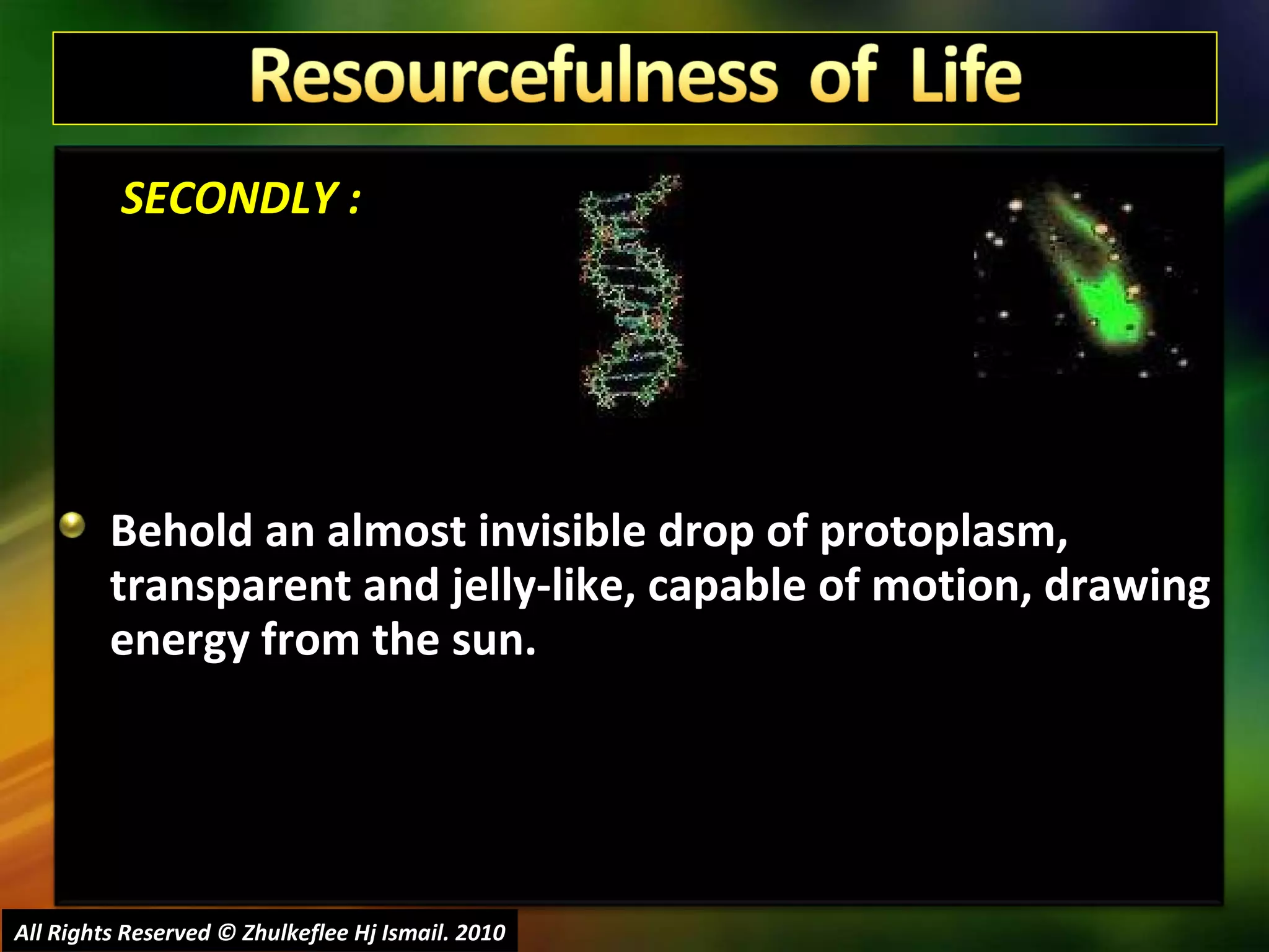   SECONDLY : Behold an almost invisible drop of protoplasm, transparent and jelly-like, capable of motion, drawing energy from the sun.  All Rights Reserved © Zhulkeflee Hj Ismail. 2010 