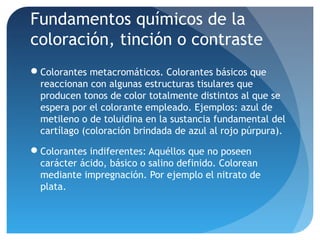 Fundamentos químicos de la
coloración, tinción o contraste
Colorantes metacromáticos. Colorantes básicos que
reaccionan con algunas estructuras tisulares que
producen tonos de color totalmente distintos al que se
espera por el colorante empleado. Ejemplos: azul de
metileno o de toluidina en la sustancia fundamental del
cartílago (coloración brindada de azul al rojo púrpura).
Colorantes indiferentes: Aquéllos que no poseen
carácter ácido, básico o salino definido. Colorean
mediante impregnación. Por ejemplo el nitrato de
plata.

 