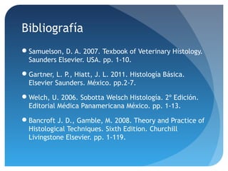 Bibliografía
Samuelson, D. A. 2007. Texbook of Veterinary Histology.
Saunders Elsevier. USA. pp. 1-10.
Gartner, L. P., Hiatt, J. L. 2011. Histología Básica.
Elsevier Saunders. México. pp.2-7.
Welch, U. 2006. Sobotta Welsch Histología. 2º Edición.
Editorial Médica Panamericana México. pp. 1-13.
Bancroft J. D., Gamble, M. 2008. Theory and Practice of
Histological Techniques. Sixth Edition. Churchill
Livingstone Elsevier. pp. 1-119.

 