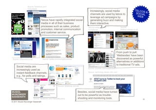 Source: facebook.com/
                  O2surfstick
                                                                                       Increasingly, social media                        TELCO
                                                                                                                                               S
                                                                                       channels are used by telcos to                     SOCIAL &
                                                                                       leverage ad campaigns by                            WEB
                                   Telcos have rapidly integrated social               generating buzz and making
                                   media in all of their business                      them interactive.
                                   processes such as sales, product                  Source:twitter.com/#!/              Source:
                                   promotion, internal communication                 tnchallenge                         thefeed.orange.co.uk
                                   and customer service.
Source: facebook.com/giffgaffmobile




                                                                                                                      From push to pull:
                                                                                                                      ‘Webisodes’ have been
 Source: o2fanclub.co.uk              Source: twitter.com/orangebusiness                                              discovered as powerful
                                                                                                                      alternatives or additions
                                                                                                                      to traditional TV ads.
     Social media are
                                                                                     Source: youtube.com/vodafoneit
     increasingly used as
     instant feedback channels,                                                      Source: technolog.msnbc.msn.com
                    Source: facebook.com/
     e.g., for polls and ratings.
                    TMobileAustria




                                                       Source: facebook.com/att


                                                                             Besides, social media have turned
                                                                             out to be powerful as trouble-
                           Source: facebook.com/TMobileAustria               shooting and monitoring tools.                                     16
© 2011 Musiol Munzinger Sasserath
 
