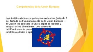 Competencias de la Unión Europea
Los ámbitos de las competencias exclusivas (artículo 3
del Tratado de Funcionamiento de la Unión Europea —
TFUE) en los que solo la UE es capaz de legislar y
adoptar actos vinculantes. Los países de
la UE únicamente pueden hacerlo por sí mismos si
la UE los autoriza a aplicar estos actos.
 