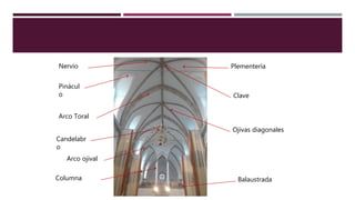 Clave
Plementería
Balaustrada
Nervio
Pinácul
o
Arco Toral
Ojivas diagonales
Columna
Arco ojival
Candelabr
o
 