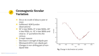 ◉ Occur at a scale of about a year or
more
◉ Gellibrand, 1634 (London
observations)
◉ 10° in late 1500s, 0° in late 1600s, 20°
in late 1700s, to -15° in late 1800s and
close to -3° just before the 21st
century
◉ 3 major reasons
○ Decrease in strength of dipole part
○ Westward drift in non-dipole part
○ Changes in non-drifting part of non-
dipole field
Geomagnetic Secular
Variation
Fig. Change in declination at London
1 Image taken from http://geomag.nrcan.gc.ca/mag_fld/sec-en.php
 