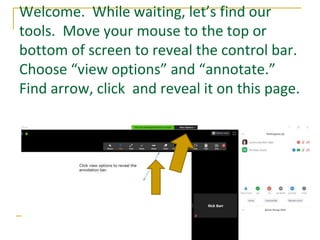 Welcome. While waiting, let’s find our
tools. Move your mouse to the top or
bottom of screen to reveal the control bar.
Choose “view options” and “annotate.”
Find arrow, click and reveal it on this page.
 