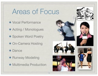 Areas of Focus
Vocal Performance

Acting / Monologues

Spoken Word Poetry

On-Camera Hosting

Dance

Runway Modeling

Multimedia Production

                        10
 