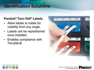 Identification Solutions
Panduit® Turn-Tell® Labels
• Allow labels to rotate for
visibility from any angle.
• Labels can be repositioned
once installed
• Enables compliance with
TIA-606-B
 