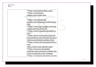 MC: CCX.-
BH/V.-
*http://englishwsheets.com/
*http://www.kids-
pages.com/index.htm
*http://www.english-
guide.org/category/vocabulary/
abc
*http://www.lyricsgaps.com/exe
rcises/search_artist/B
*http://www.toolsforeducators.c
om/
*http://www.writingwizard.lon
gcountdown.com/handwriting_p
ractice_worksheet_maker.html
*http://www.learningchocolate.c
om/
http://www.mes-games.com/
*http://www.multimedia-
english.com/contents/videos/sec
tion/1/channel/cool-2/page/
*http://conteni2.educarex.es/ma
11
 