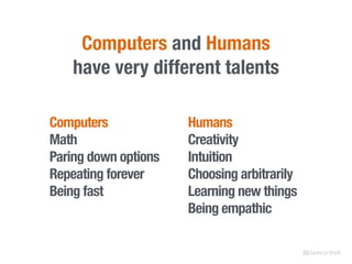 Computers and Humans
have very different talents
Humans
Creativity
Intuition
Choosing arbitrarily
Learning new things
Being empathic
Computers
Math
Paring down options
Repeating forever
Being fast
@clarecorthell
 