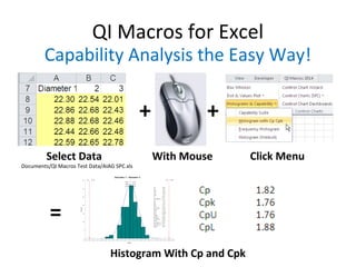 QI Macros for Excel
Histogram With Cp and Cpk
+ +
=
Capability Analysis the Easy Way!
Select Data With Mouse Click Menu
Documents/QI Macros Test Data/AIAG SPC.xls
 