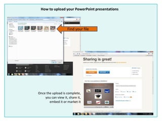 How to upload your PowerPoint presentations
Find your file
Once the upload is complete,
you can view it, share it,
embed it or market it
 