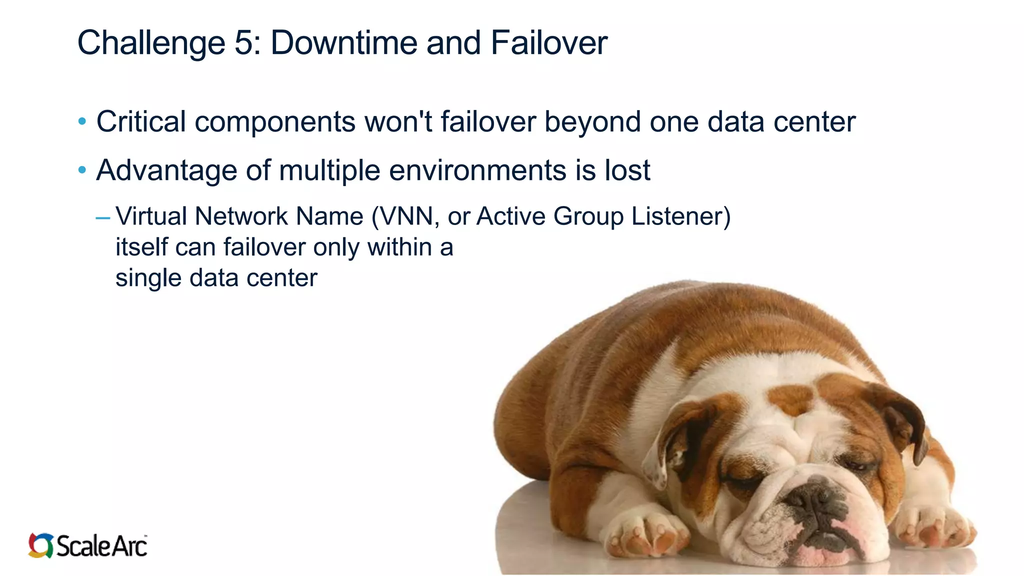 ©2017 ScaleArc. All Rights Reserved. 8
Challenge 5: Downtime and Failover
• Critical components won't failover beyond one data center
• Advantage of multiple environments is lost
– Virtual Network Name (VNN, or Active Group Listener)
itself can failover only within a
single data center
 