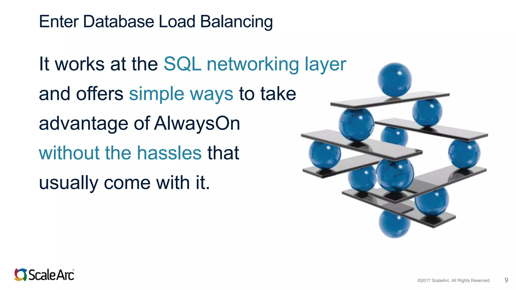 ©2017 ScaleArc. All Rights Reserved. 9
Enter Database Load Balancing
It works at the SQL networking layer
and offers simple ways to take
advantage of AlwaysOn
without the hassles that
usually come with it.
 
