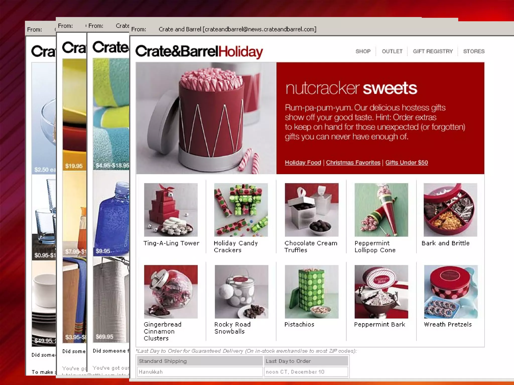 Crate & Barrel applies a consistent creative treatment, seasonal relevance, and templated approach to their customer retention campaigns 