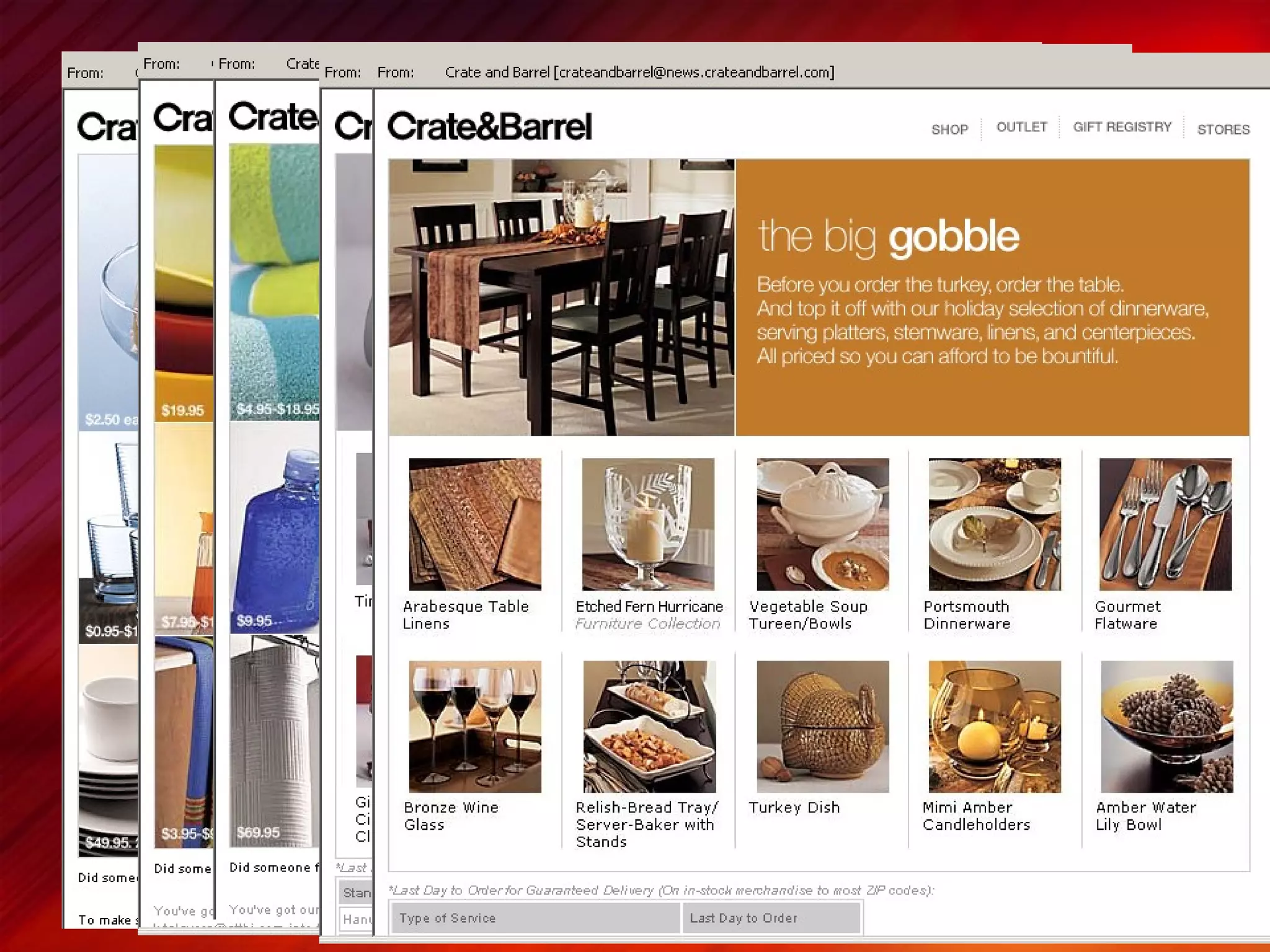Crate & Barrel applies a consistent creative treatment, seasonal relevance, and templated approach to their customer retention campaigns 