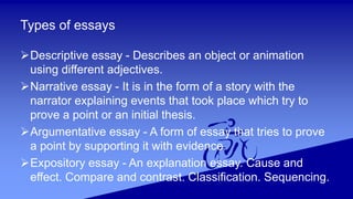 Types of essays
Descriptive essay - Describes an object or animation
using different adjectives.
Narrative essay - It is in the form of a story with the
narrator explaining events that took place which try to
prove a point or an initial thesis.
Argumentative essay - A form of essay that tries to prove
a point by supporting it with evidence.
Expository essay - An explanation essay. Cause and
effect. Compare and contrast. Classification. Sequencing.
 