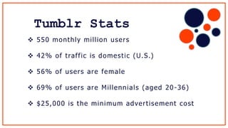 Tumblr Stats
 550 monthly million users
 42% of traffic is domestic (U.S.)
 56% of users are female
 69% of users are Millennials (aged 20-36)
 $25,000 is the minimum advertisement cost
 
