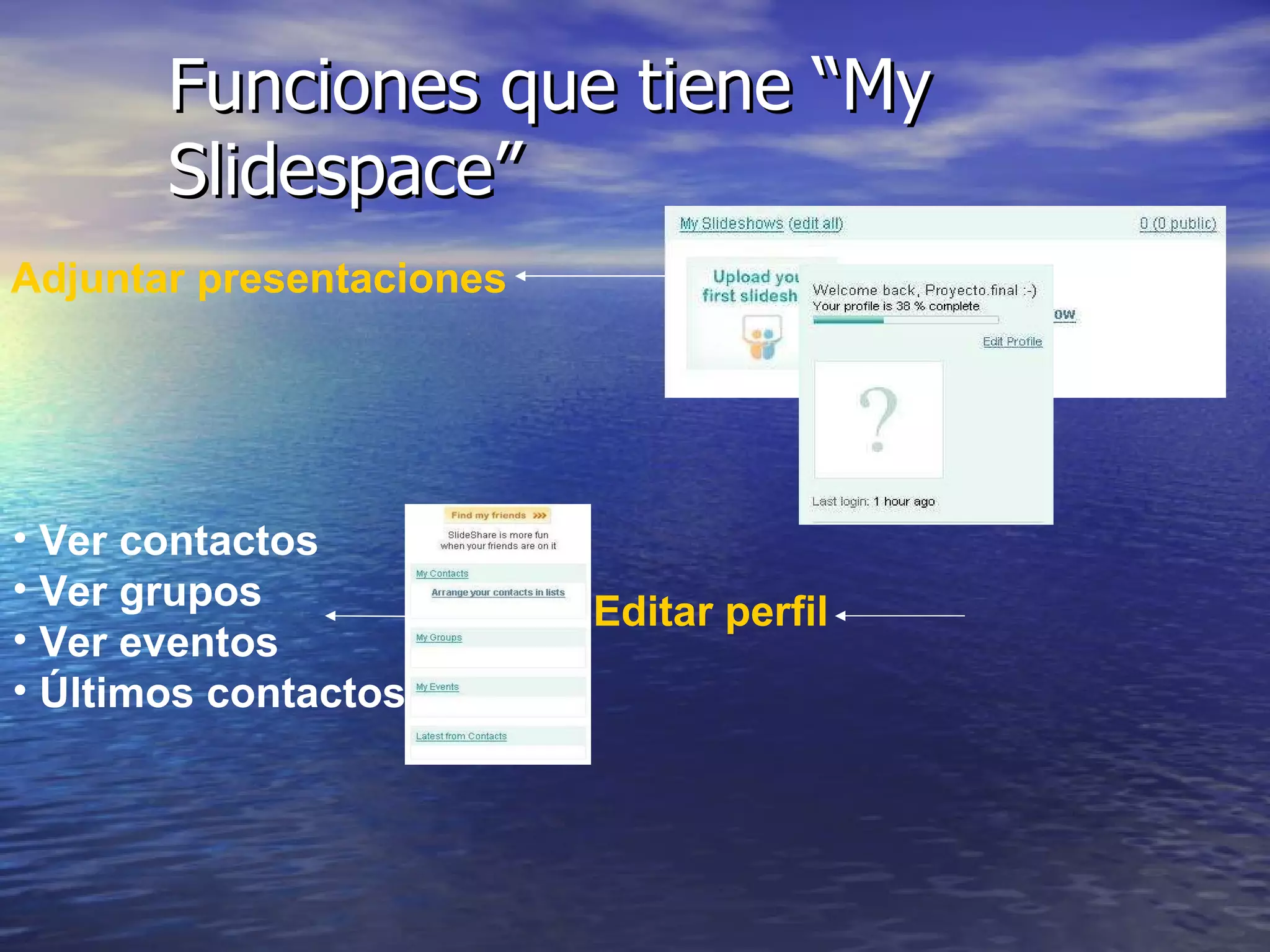 Funciones que tiene “My Slidespace” Ver contactos Ver grupos Ver eventos Últimos contactos Editar perfil Adjuntar presentaciones 