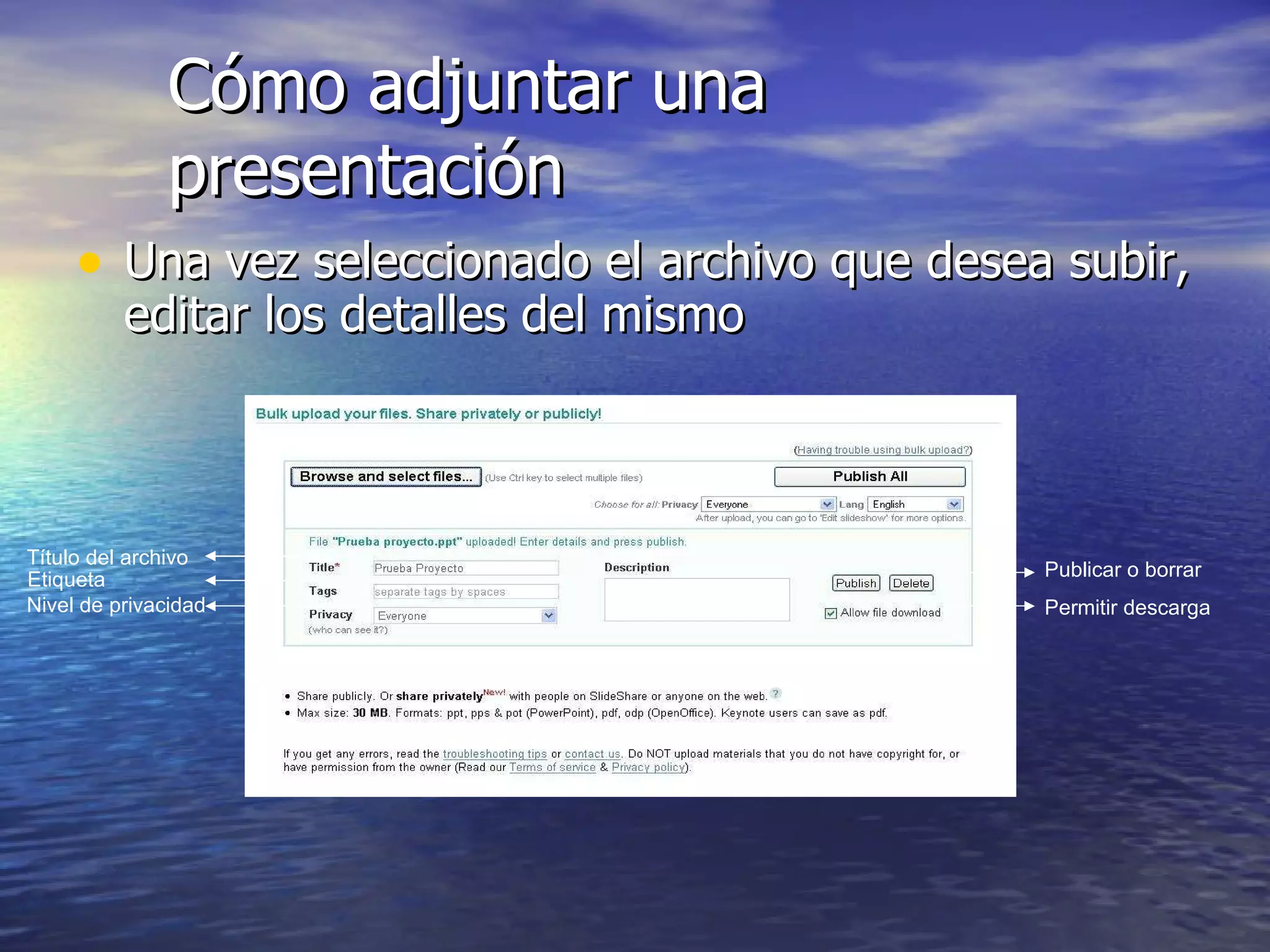 Cómo adjuntar una presentación Una vez seleccionado el archivo que desea subir, editar los detalles del mismo Título del archivo Etiqueta Nivel de privacidad Permitir descarga Publicar o borrar 