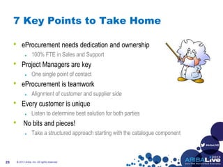 #AribaLIVE
7 Key Points to Take Home
• eProcurement needs dedication and ownership
100% FTE in Sales and Support
• Project Managers are key
One single point of contact
• eProcurement is teamwork
Alignment of customer and supplier side
• Every customer is unique
Listen to determine best solution for both parties
• No bits and pieces!
Take a structured approach starting with the catalogue component
© 2013 Ariba, Inc. All rights reserved.25
 