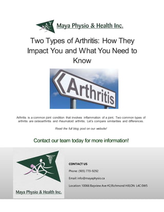 Two Types of Arthritis: How They
Impact You and What You Need to
Know
CONTACT US
Phone: (905) 770-9292
Email: info@mayaphysio.ca
Location: 10066 Bayview Ave #2,Richmond Hill,ON L4C 0W5
Arthritis is a common joint condition that involves inflammation of a joint. Two common types of
arthritis are osteoarthritis and rheumatoid arthritis. Let’s compare similarities and differences.
Read the full blog post on our website!
Contact our team today for more information!
 