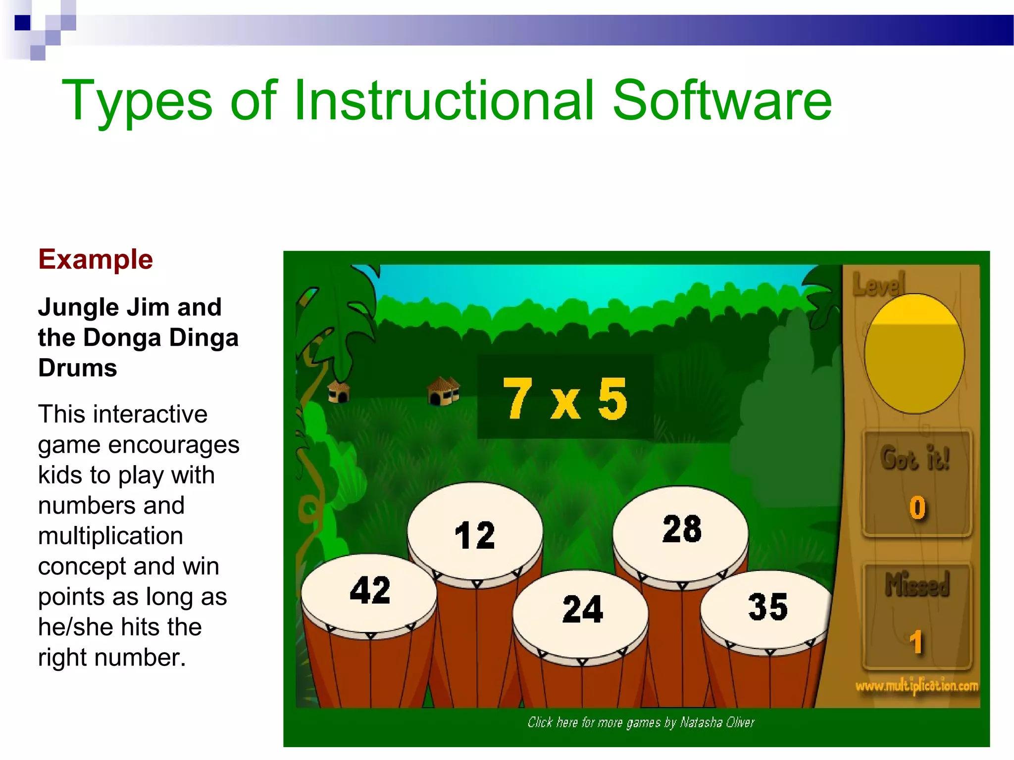 Types of Instructional Software
Example
Jungle Jim and
the Donga Dinga
Drums
This interactive
game encourages
kids to play with
numbers and
multiplication
concept and win
points as long as
he/she hits the
right number.
 