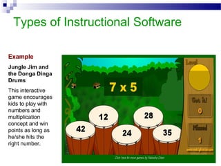 Types of Instructional Software
Example
Jungle Jim and
the Donga Dinga
Drums
This interactive
game encourages
kids to play with
numbers and
multiplication
concept and win
points as long as
he/she hits the
right number.
 