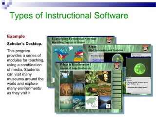 Types of Instructional Software
Example
Scholar’s Desktop.
This program
provides a series of
modules for teaching,
using a combination
of media. Students
can visit many
museums around the
world and explore
many environments
as they visit it.
 