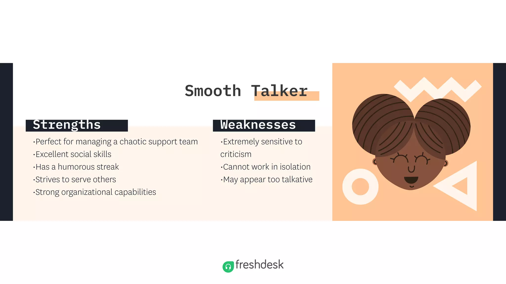 Smooth Talker
•Perfect for managing a chaotic support team
•Excellent social skills
•Has a humorous streak
•Strives to serve others
•Strong organizational capabilities
•Extremely sensitive to
criticism
•Cannot work in isolation
•May appear too talkative
Strengths Weaknesses
 