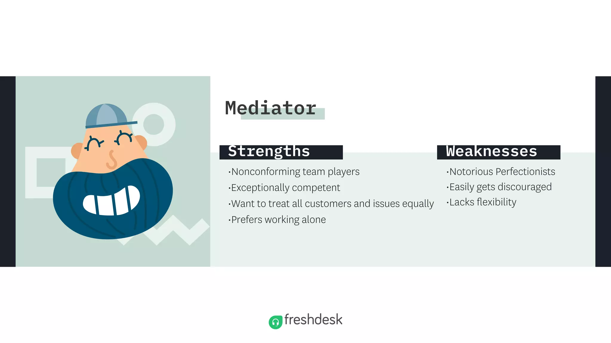 •Nonconforming team players
•Exceptionally competent
•Want to treat all customers and issues equally
•Prefers working alone
•Notorious Perfectionists
•Easily gets discouraged
Strengths Weaknesses
Mediator
 