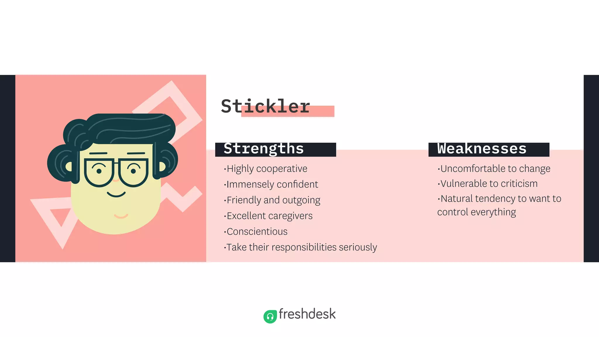•Highly cooperative
•
•Friendly and outgoing
•Excellent caregivers
•Conscientious
•Take their responsibilities seriously
•Uncomfortable to change
•Vulnerable to criticism
•Natural tendency to want to
control everything
Strengths Weaknesses
Stickler
 