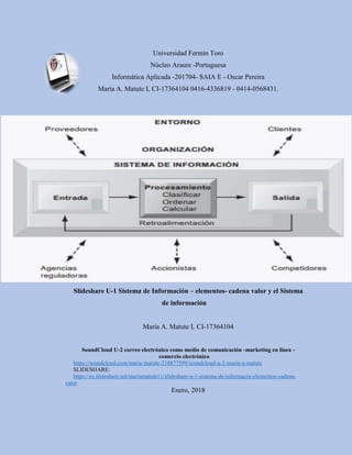 Universidad Fermín Toro
Núcleo Araure -Portuguesa
Informática Aplicada -201704- SAIA E - Oscar Pereira
María A. Matute L CI-17364104 0416-4336819 - 0414-0568431.
Slideshare U-1 Sistema de Información – elementos- cadena valor y el Sistema
de información
María A. Matute L CI-17364104
SoundCloud U-2 correo electrónico como medio de comunicación -marketing en línea -
comercio electrónico
https://soundcloud.com/maria-matute-218877599/soundcloud-u-2-maria-a-matute
SLIDESHARE:
https://es.slideshare.net/mariamatute11/slideshare-u-1-sistema-de-informacin-elementos-cadena-
valor
Enero, 2018
 