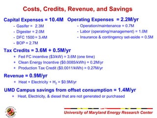 University of Maryland Energy Research Center
Costs, Credits, Revenue, and Savings
Capital Expenses = 10.4M
- Gasifer = 2....