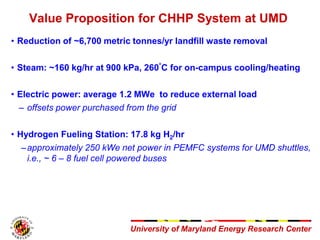 University of Maryland Energy Research Center
Value Proposition for CHHP System at UMD
• Reduction of ~6,700 metric tonnes...