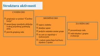 Struktura aktivnosti
SREDIŠNJI DIO
 najava zadatka
 detaljne upute
 podjela zadataka unutar grupe
 na satu se započinje s
realizacijom
 s radom nastavljaju kod kuće
sljedeća 2 tjedna
UVODNI DIO
 grupiranje uz pomoć “Čarobne
kutije”
 ponavljanje temeljnih obilježja
svakog pojedinog godišnjeg
doba
 pravila grupnog rada
ZAVRŠNI DIO
 prezentiranje rada
 individualna i grupna
evaluacija
 