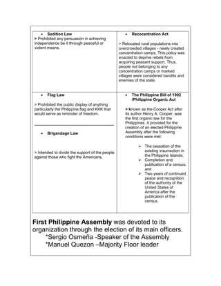 • Sedition Law                                  •   Recocentration Act
> Prohibited any persuasion in achieving
independence be it through peaceful or           > Relocated rural populations into
violent means.                                   overcrowded villages - newly created
                                                 concentration camps. This policy was
                                                 enacted to deprive rebels from
                                                 acquiring peasant support. Thus,
                                                 people not belonging to any
                                                 concentration camps or marked
                                                 villages were considered bandits and
                                                 enemies of the state.


   •   Flag Law                                     •   The Philippine Bill of 1902
                                                        /Philippine Organic Act
> Prohibited the public display of anything
particularly the Philippine flag and KKK that       > known as the Cooper Act after
would serve as reminder of freedom.                 its author Henry A. Cooper, was
                                                    the first organic law for the
____________________________________                Philippines. It provided for the
                                                    creation of an elected Philippine
   •   Brigandage Law                               Assembly after the following
                                                    conditions were met:

                                                            The cessation of the
> Intended to divide the support of the people               existing insurrection in
against those who fight the Americans.                       the Philippine Islands;
                                                            Completion and
                                                             publication of a census;
                                                             and
                                                            Two years of continued
                                                             peace and recognition
                                                             of the authority of the
                                                             United States of
                                                             America after the
                                                             publication of the
                                                             census.




First Philippine Assembly was devoted to its
organization through the election of its main officers.
    *Sergio Osmeña -Speaker of the Assembly
    *Manuel Quezon –Majority Floor leader
 