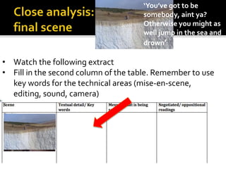 • Watch the following extract
• Fill in the second column of the table. Remember to use
key words for the technical areas (mise-en-scene,
editing, sound, camera)
‘You’ve got to be
somebody, aint ya?
Otherwise you might as
well jump in the sea and
drown’
 