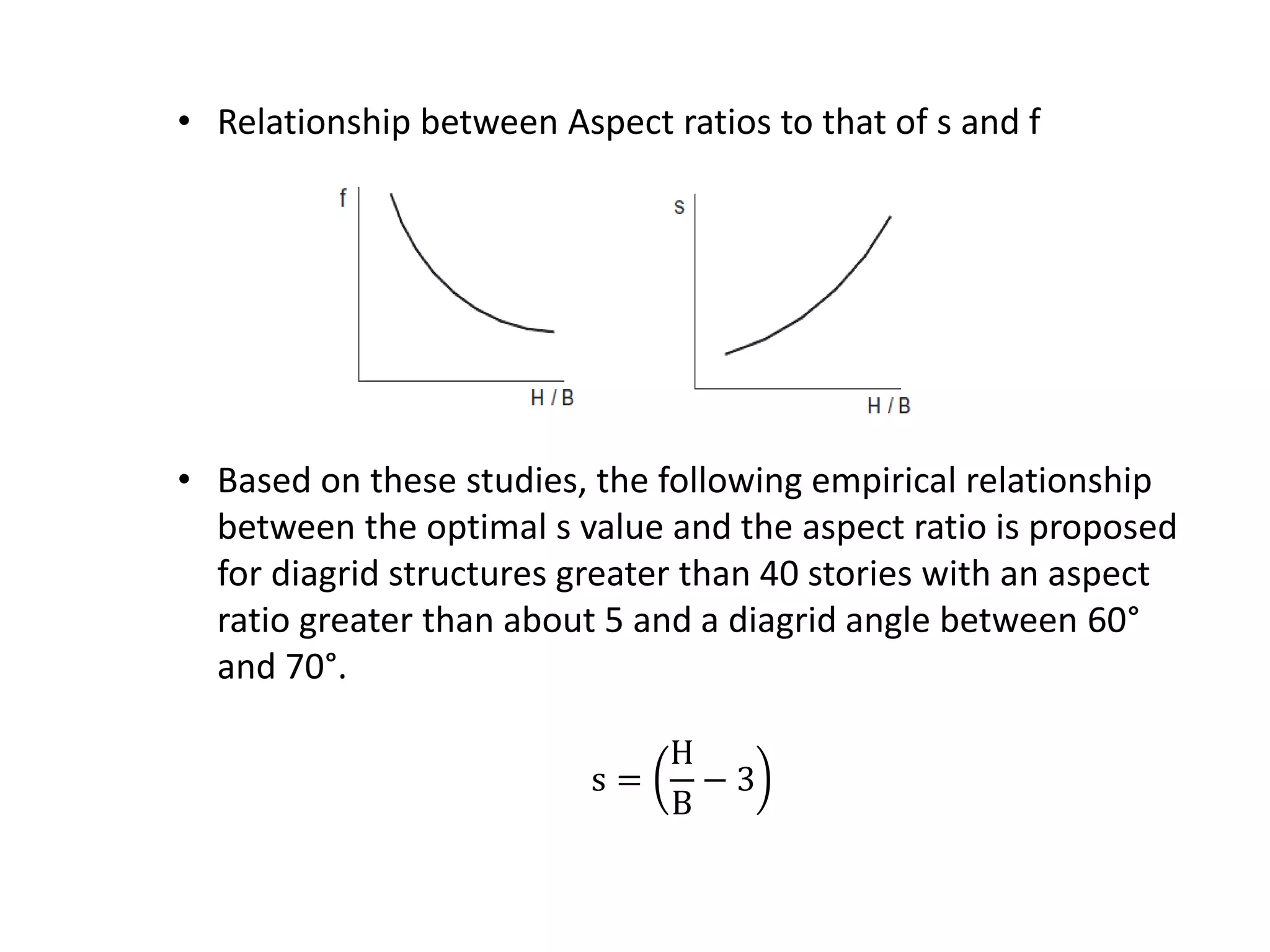 • Relationship between Aspect ratios to that of s and f
• Based on these studies, the following empirical relationship
between the optimal s value and the aspect ratio is proposed
for diagrid structures greater than 40 stories with an aspect
ratio greater than about 5 and a diagrid angle between 60°
and 70°.
s =
H
B
− 3
 