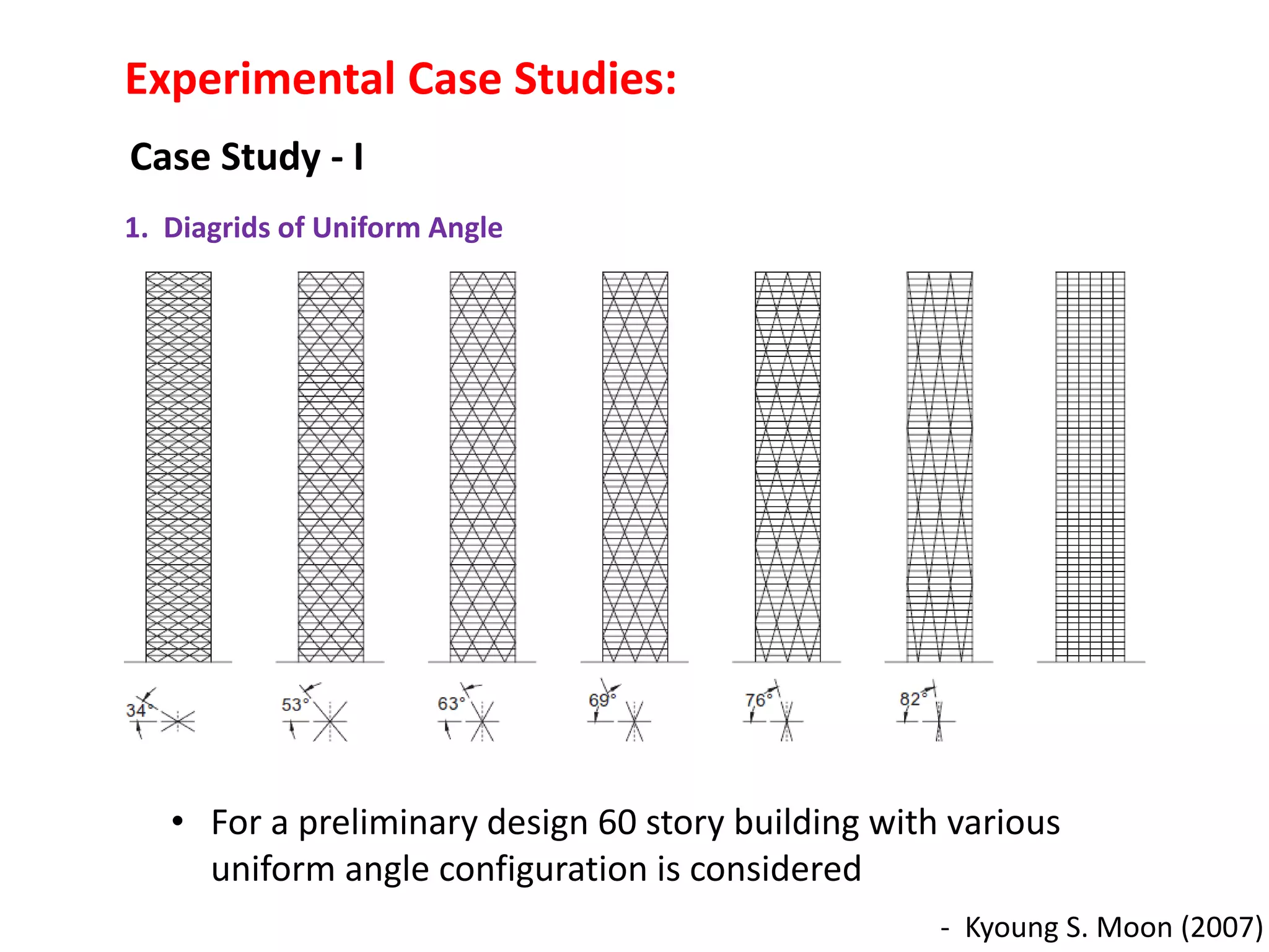 1. Diagrids of Uniform Angle
• For a preliminary design 60 story building with various
uniform angle configuration is considered
Experimental Case Studies:
Case Study - I
- Kyoung S. Moon (2007)
 