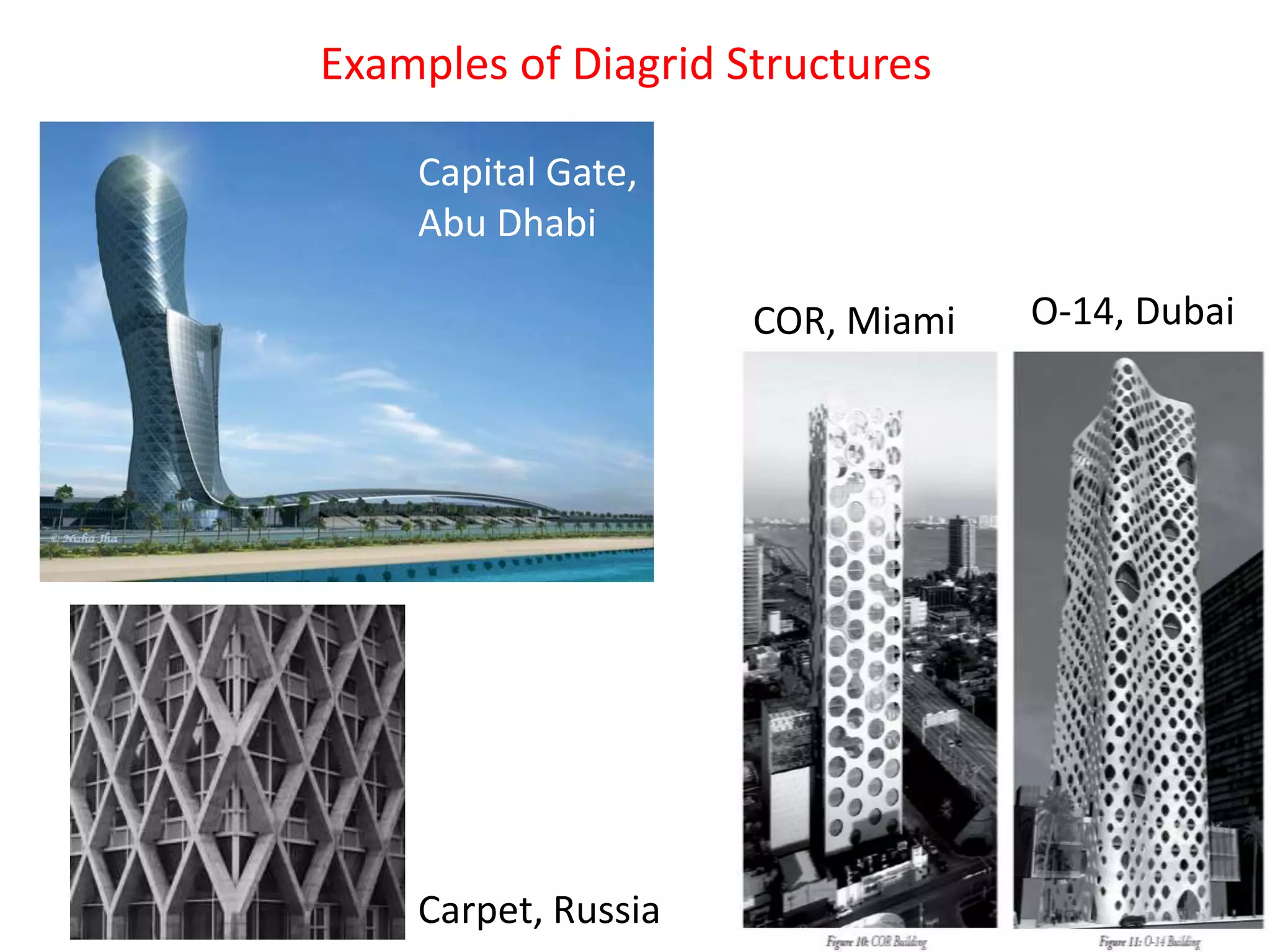Examples of Diagrid Structures
Capital Gate,
Abu Dhabi
O-14, DubaiCOR, Miami
Carpet, Russia
 