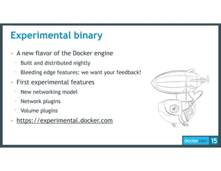 Experimental binary
• A new flavor of the Docker engine
- Built and distributed nightly
- Bleeding edge features: we want your feedback!
• First experimental features
- New networking model
- Network plugins
- Volume plugins
• https://experimental.docker.com
 