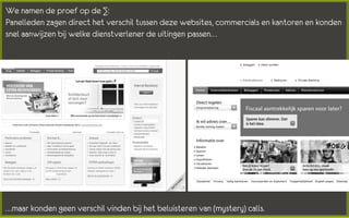 We namen de proef op de ∑:
Panelleden zagen direct het verschil tussen deze websites, commercials en kantoren en konden
snel aanwijzen bij welke dienstverlener de uitingen passen…




…maar konden geen verschil vinden bij het beluisteren van (mystery) calls.
 