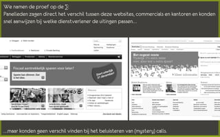 We namen de proef op de ∑:
Panelleden zagen direct het verschil tussen deze websites, commercials en kantoren en konden
snel aanwijzen bij welke dienstverlener de uitingen passen…




…maar konden geen verschil vinden bij het beluisteren van (mystery) calls.
 