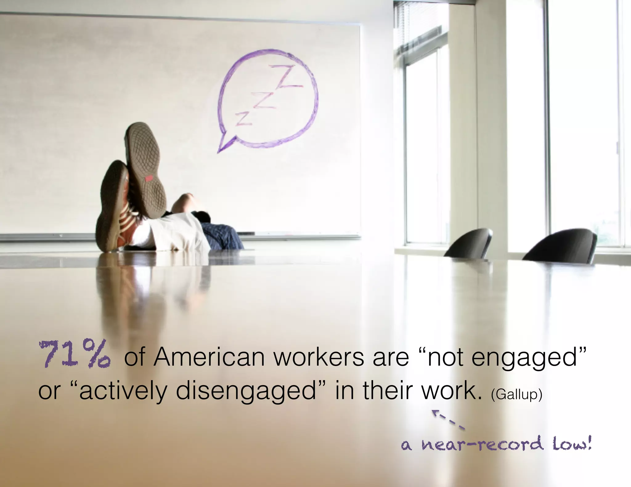 71%

of American workers are “not engaged”
or “actively disengaged” in their work. (Gallup)
	
  
	
  

a near-record low!

 