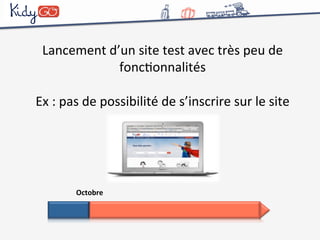 Lancement 
d’un 
site 
test 
avec 
très 
peu 
de 
foncConnalités 
Ex 
: 
pas 
de 
possibilité 
de 
s’inscrire 
sur 
le 
site 
Octobre 
 