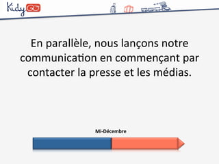 En 
parallèle, 
nous 
lançons 
notre 
communicaCon 
en 
commençant 
par 
contacter 
la 
presse 
et 
les 
médias. 
Mi-­‐Décembre 
 